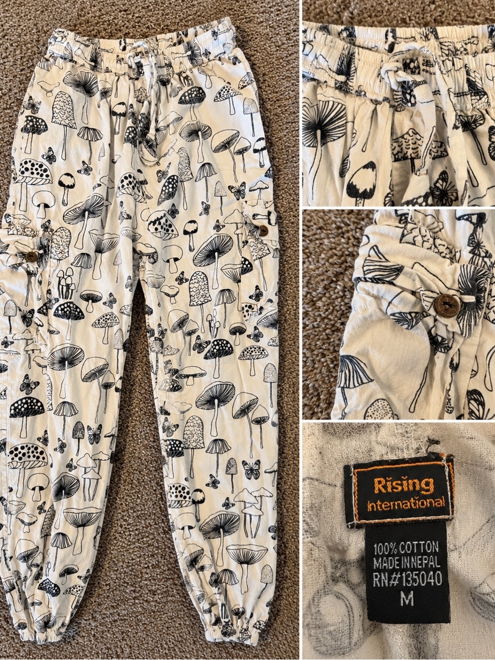 Rising International White Pants with Black Mushroom Print
